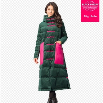 

Winter velvet fabric retro single breasted duck down coat female hit color pockets design thicker longer warm down coats wq520
