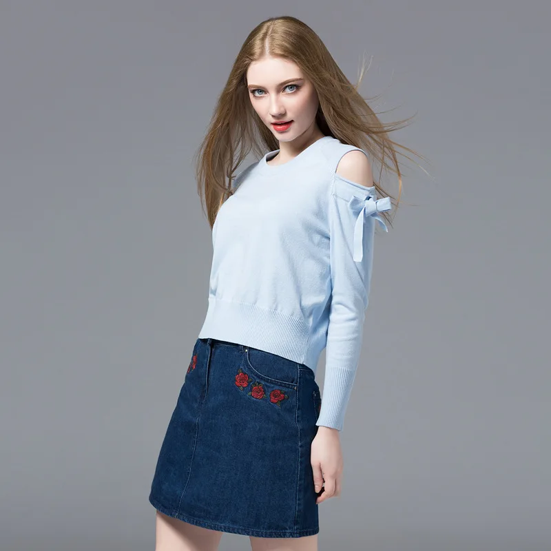 Simple Cotton Tops Solid Sky Blue knitted Pullover Sweater Women Bare