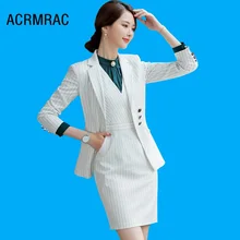 Женские костюмы, приталенный пиджак в полоску с длинным рукавом, платье, комплект из 2 предметов, OL, официальные женские платья, костюмы, женский комплект, костюмы 871