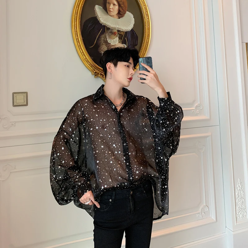 Günstige Männer Bat Langarm Star Transparent Oversize Lose Casual Shirts Männlichen Street Hip Hop Punk Gothic Party Nacht Club Hemd