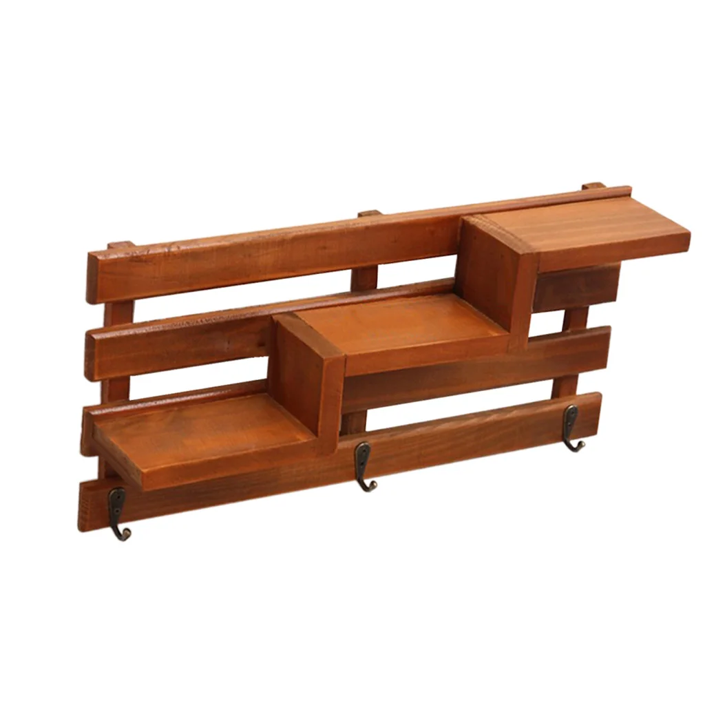 Baoblaze Wooden 3-tier Stair Shelves Organizer Books Collections Display Shelf Storage Rack with Key Hooks, Wall Mounted