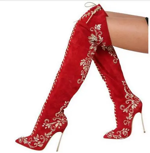

Gorgeous red suede pointed toe metal stiletto heel over the knee boots lace up embroidery crystal embellished long boots