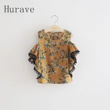 Hurave сезон: весна–лето модная блузка для девочек хлопок Цветочный принт с круглым вырезом для девочек детская блузка короткий рукав рубашки