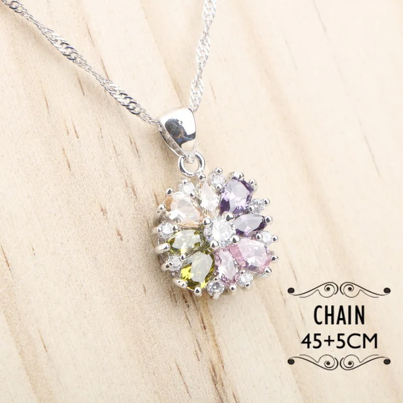 

925 Stamped Silver Necklace Pendant for Women Multicolor Flower Cubic Zirconia Jewelry Chain Christmas Gift