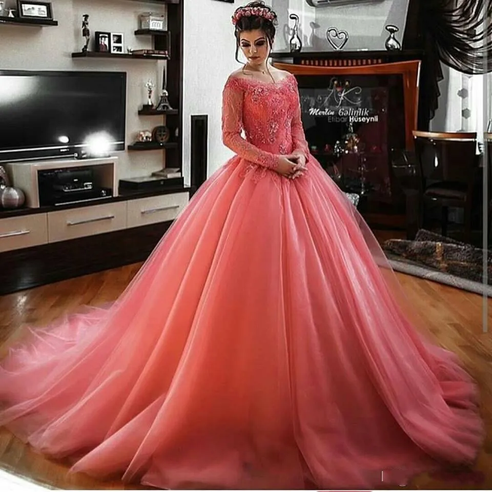 coral evening gowns with sleeves