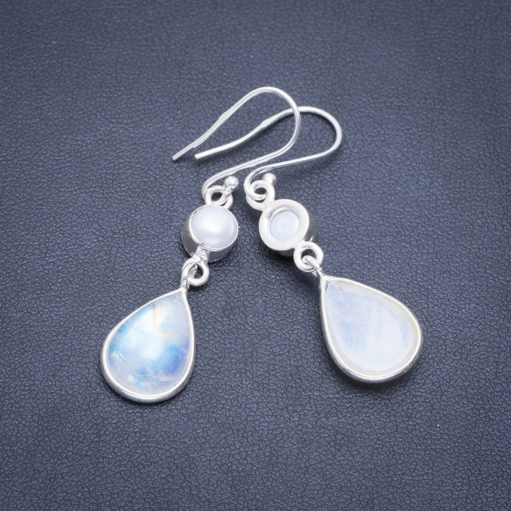 

Natural Rainbow Moonstone and River Pearl Handmade Unique 925 Sterling Silver Earrings 1.75" A2117