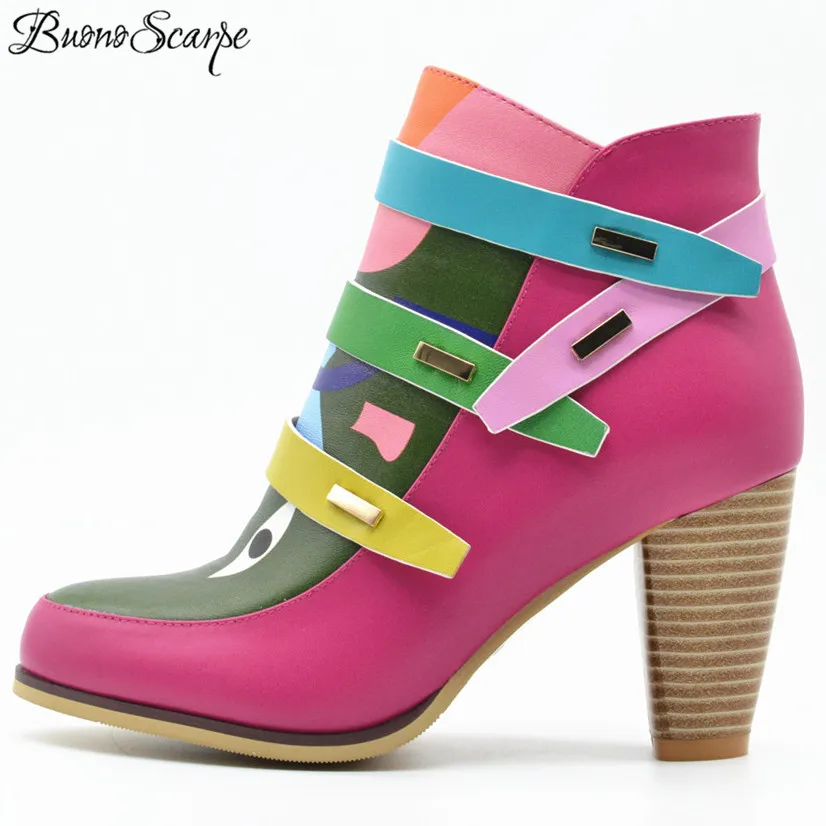 

BuonoScarpe Women Boots Ankle Boots Leather Boots For Lady Fashion Botas Mujer 2018 Zipper Colorful Booties Chic Big Size Shoes