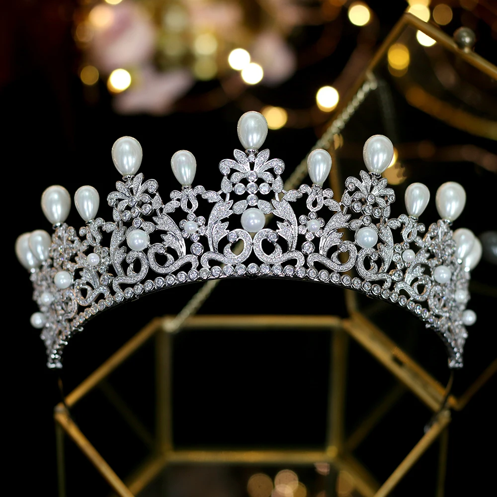 Europa nueva alta calidad циркония nupcial tiara perla corona boda accesorios novia accesorios para el cabello