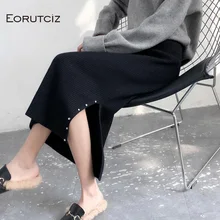 EORUTCIZ зима размера плюс 3XL Толстая юбка женская вязанная длинная прямая юбка осенние черные модные юбки LM130