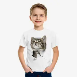 Летняя футболка из модала для мальчиков и девочек модная короткая футболка с принтом кота для малышей от 18 месяцев до 10 лет повседневная