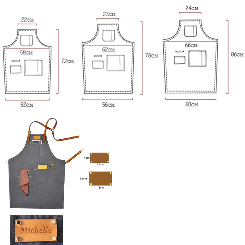 Black Gray Denim Apron Leather Straps D82A-6
