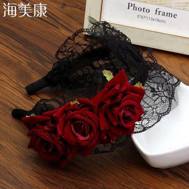 

Haimeikang Halloween Rose Flower Lace Tiaras Crowns Headband Black Vintage Lolita Style Easter Festival Women Hair Accessories