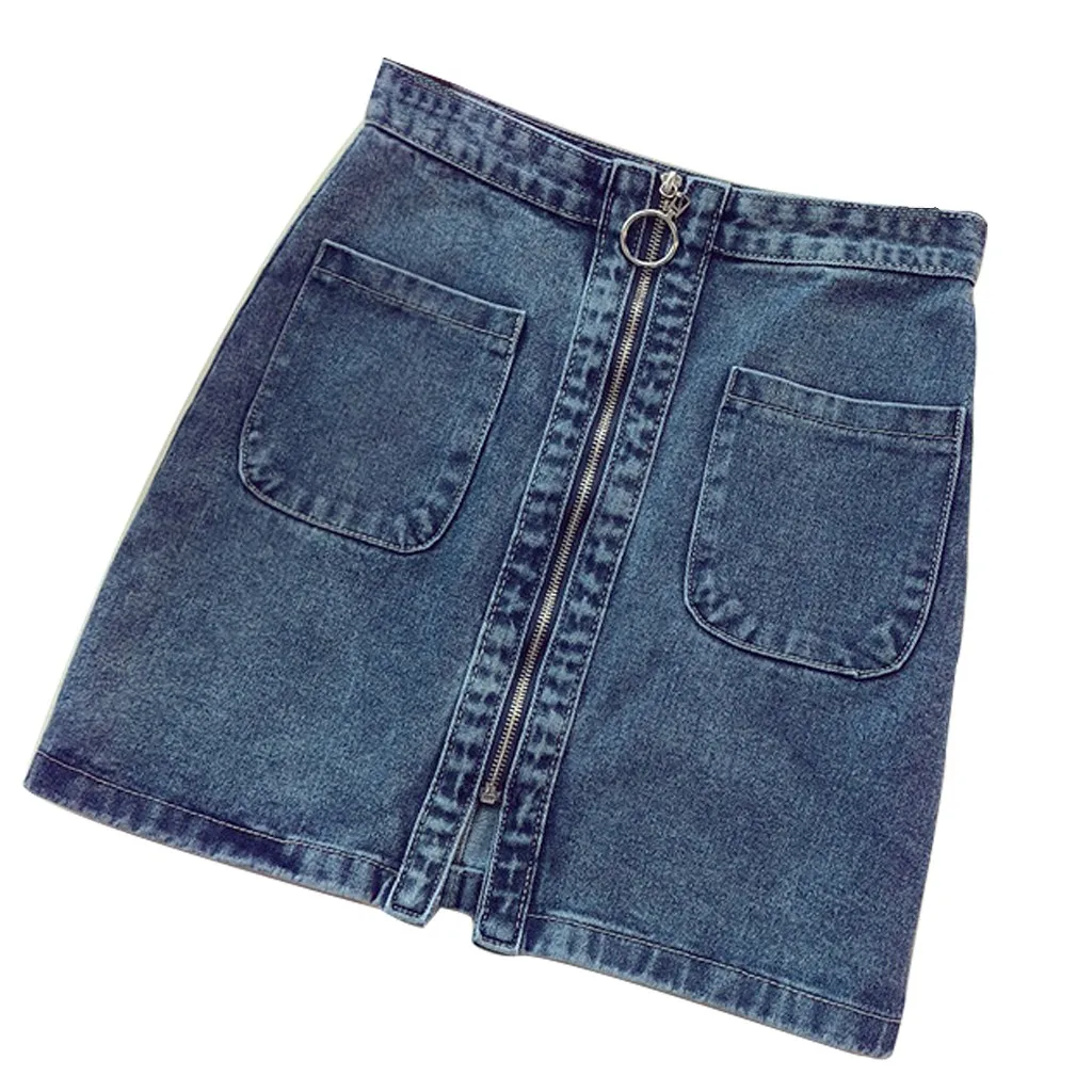 

New High Waist Solid Mini Zipper Empire Pocket Student Short Faldas Mujer Moda 2019 Denim Skirt Korean Style Women