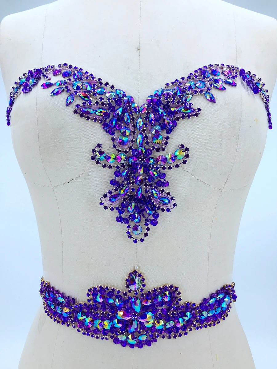 

handmade sew on purple rhinestones applique on mesh crystals trim patches 34*20cm&30*9cm for dress DIY accessories