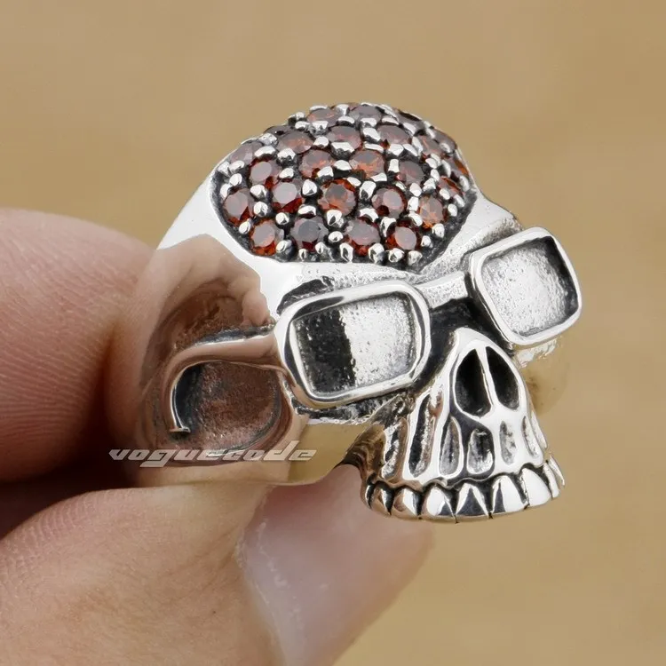 

Red CZ Stones Pilot Skull 925 Sterling Silver Mens Biker Rocker Ring 9D007