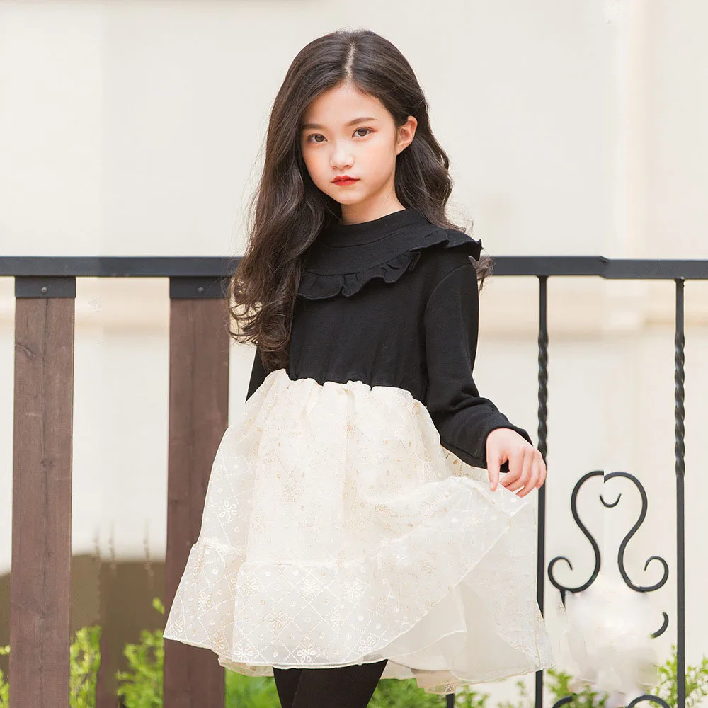 

Party Girls Dresses 2018 Size 14 12 10 8 6 4 Patchwork Ball Gown Big Kids Spring Autumn Dress Girl Long Sleeves children Clothes