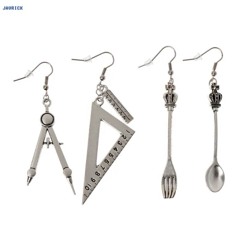 

JAVRICK Harajuku Style Spoon Fork Triangle Ruler Asymmetric Earrings Antique Sliver Jewelry Exquisite Earrings