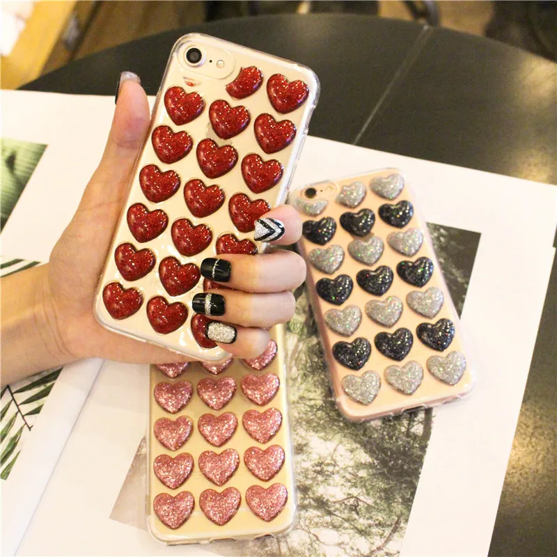 

100PCS For iPhone 8 7 6s 6 Phone Case Fashion Cute Love Heart Sequins Transparent TPU Cover For iPhone X Case Red Love Heart