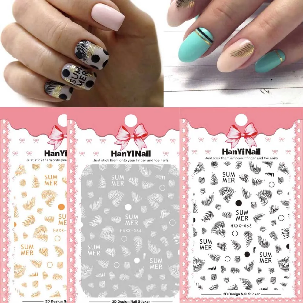 

1pcs Coconut tree leaf 3D Nail Stickers cute dog Sliders Tattoo black white gold 3D self-Adhesive Nail Art Decorations sticker