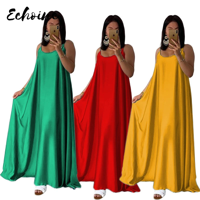 

Echoine Summer Beach Sexy Spaghetti Strap Sleeveless Silk Casual Loose Long Dress Women Vintage Solid Color Maxi Plus Size Dress
