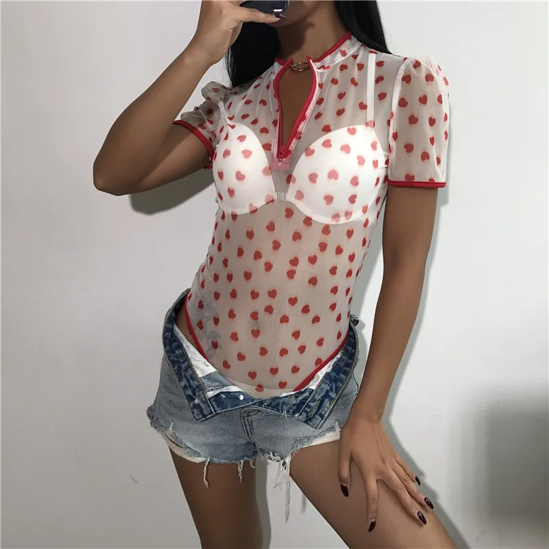 Sweetown Boho милый женский боди принт красное сердце кавайные сетчатые прозрачные сексуальные боди с коротким рукавом летние женские Комбинезоны s