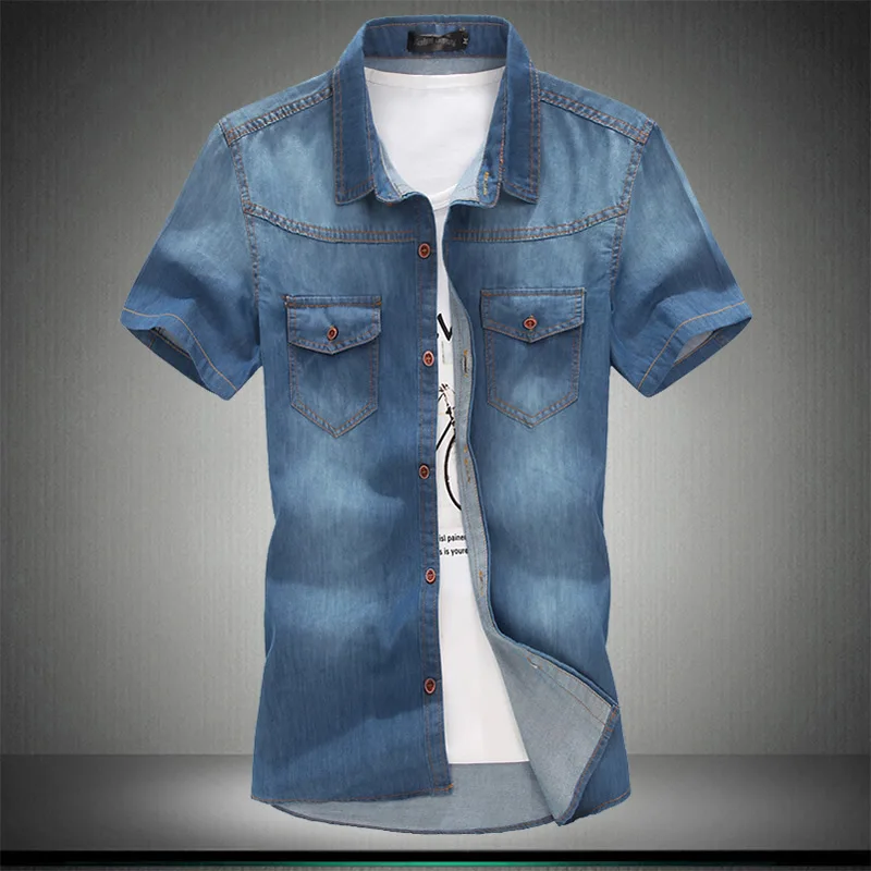 

2014 summer new men denim shirts Korean style fashion men washed denim shirt Slim Mens casual white short-sleeved shirt