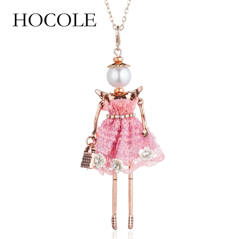 

HOCOLE cute doll women pendant necklace 4 colors long chain handmade dress girls fashion jewelry flower necklace collier femme