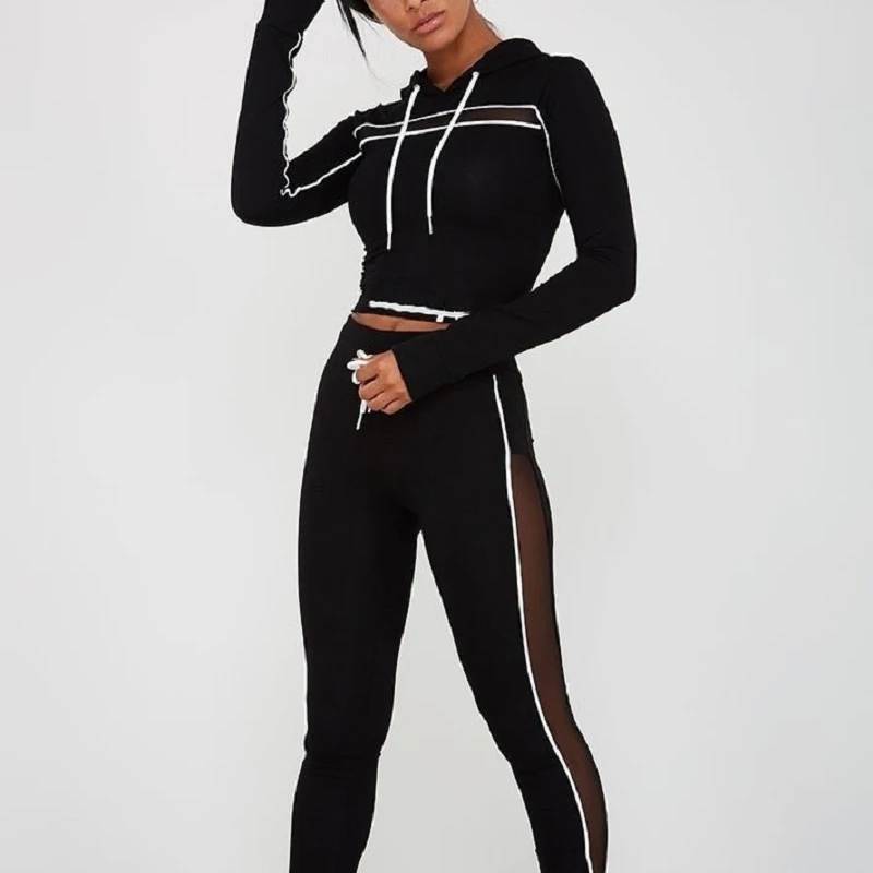 Koop YD Mesh sport pak vrouwen Hooded sweater sportkleding voor vrouwen gym yoga leggings trekkoord lange mouw workout yoga set