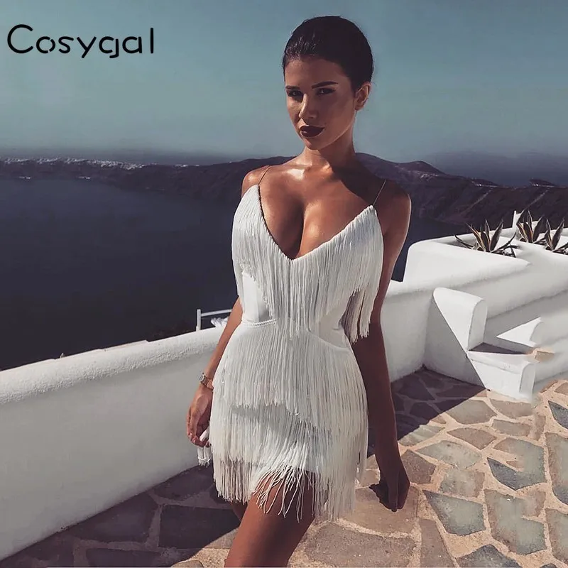 

COSYGAL Sexy Tassel Dress V Neck Mini White Red Black Dress Summer Spaghetti Strap Celebrity Evening Party Dresses 2018 Vestidos