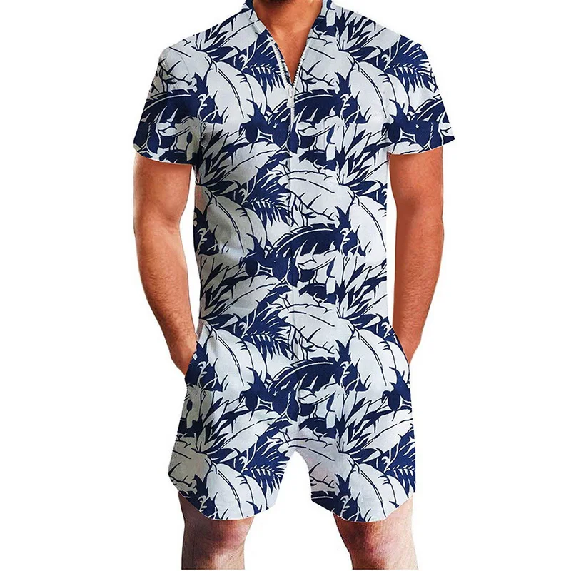 Fashion Print Overalls Pants Zipper Fly One Piece Cargo Pants Men Casual V-Neck Short Sleeve Streetwear Knee Length Pants Men