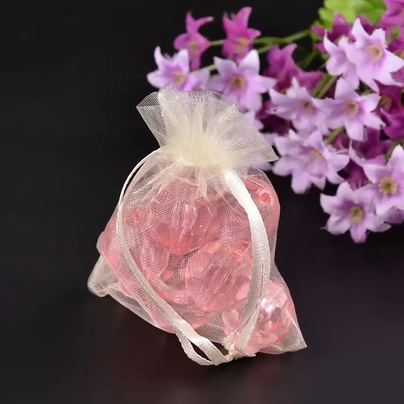 

100pcs Organza Bags Jewelry Packaging Wedding Gift Bags & Pouches with Ribbons Ivory 9x7cm
