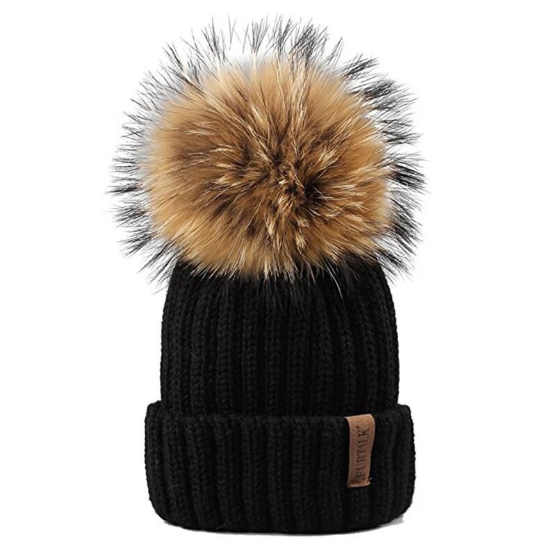 Furtalk Knitted Real Fur Hat 100% Real Raccoon Fur Pom Pom