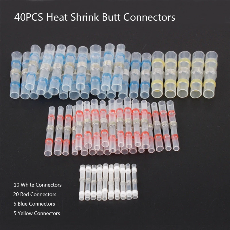 

40Pcs/lot 26-10 AWG Heat Shrink Butt Terminals Waterproof Insulated Splice Cable Solder Seal Wire Connectors Kit