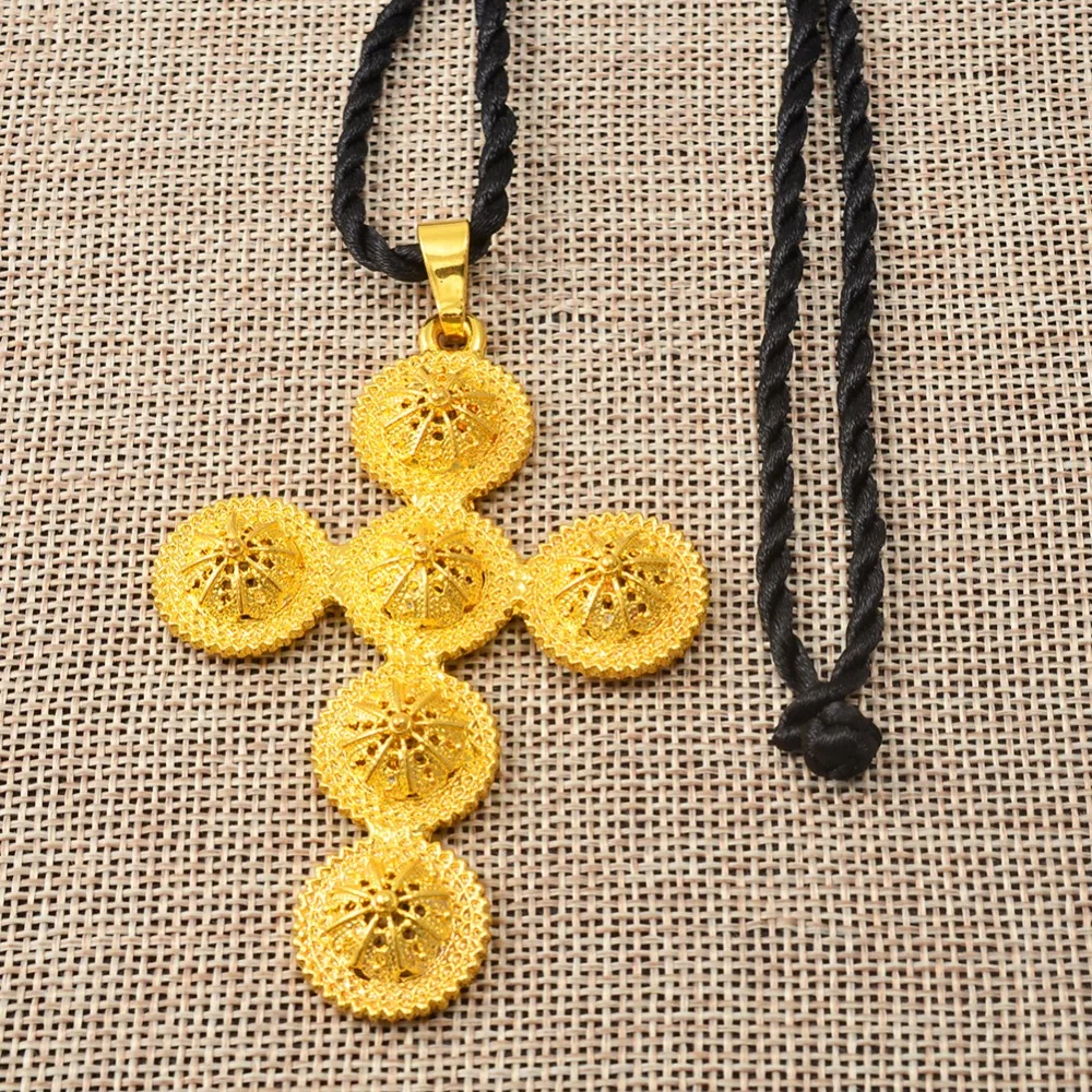 Annio Ethiopian Cross Big Cross Pendant & Black Rope For Women Men Gold Color African Jewelry Eritrea Cross #160706