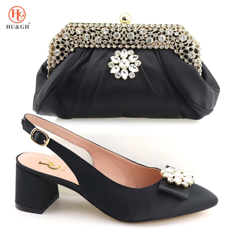 

2019 N Black Color Nigerian Party Shoe and Bag Sets Italian Shoe and Bag To Match Shoes with Bag Set Decorated with Rhinestone