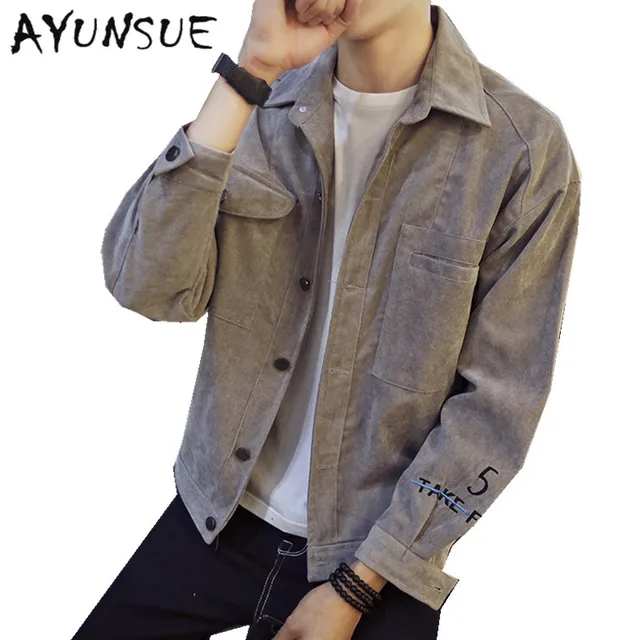 Gray Corduroy Autumn Spring Jacket Men Bomber Jacket Plus