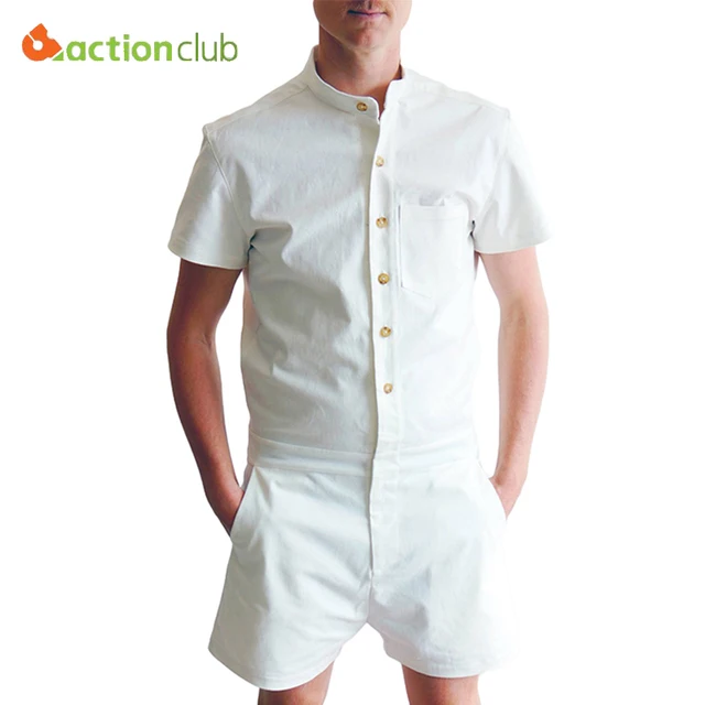 ACTIONCLUB Summer Fashion Party Overalls Men Short Romper Male Single Breasted Jumpsuit Cargo Short Pant Boyfriend Zip Trousers