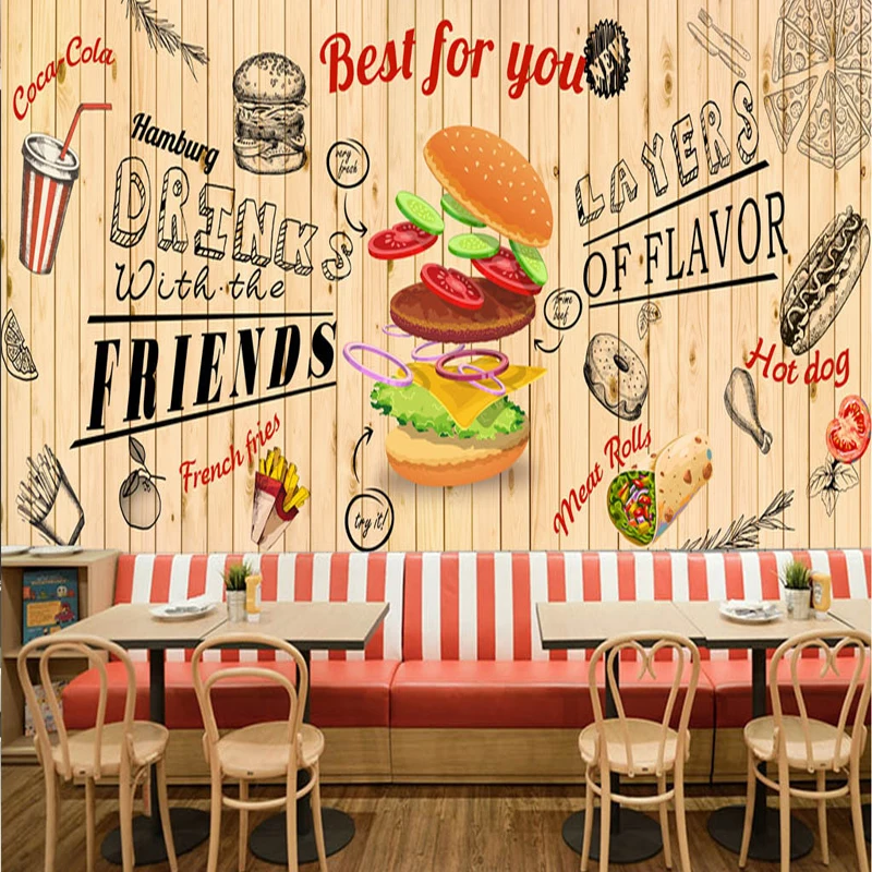 

Drop Shipping Custom European And American Hand-Drawn Burger Fast Food Restaurant Snack Bar Background Custom 3d Mural Wallpaper