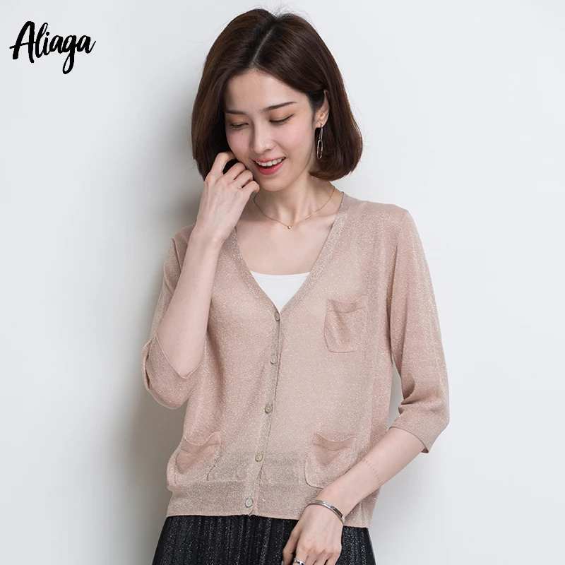 

2019 Spring And Summer New Knit Women's Clothing Sunscreen Blouse V-neck Cardigan Gold Lurex Sweater Female Shirt Jacket