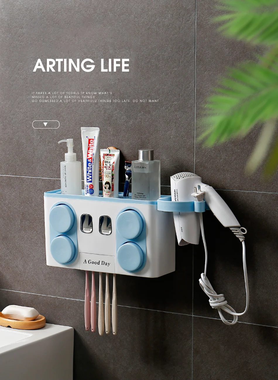 Wonderlife Bathroom Set Accessories Toothbrush Holder Automatic Toothpaste Dispenser Suction Cup Wall Mount Bathroom Storage Box