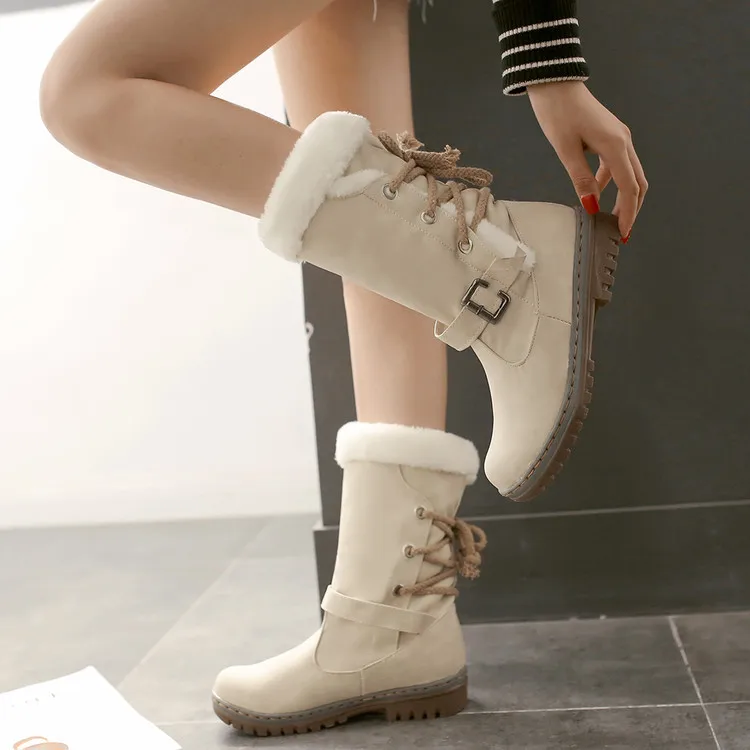 À Rond Le marron Hauteur Tourné Faible Les De Pu Chaudes Bottes Croix Beige attaché Bout Pour Femmes Sur jaune Classiques Hiver Neige Coins Chaussures Boucle Genou vert Bord Du OwvqA