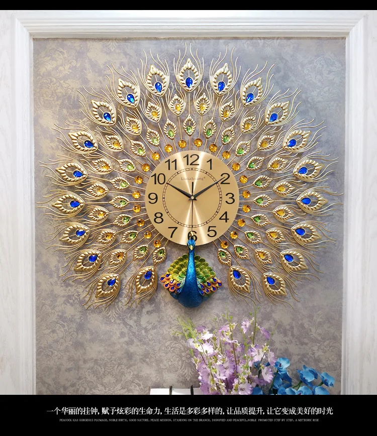 Большие настенные часы с павлиньим кристаллом, современный дизайн, роскошные настенные часы, украшение для дома, гостиной, бесшумные кварцевые часы saati