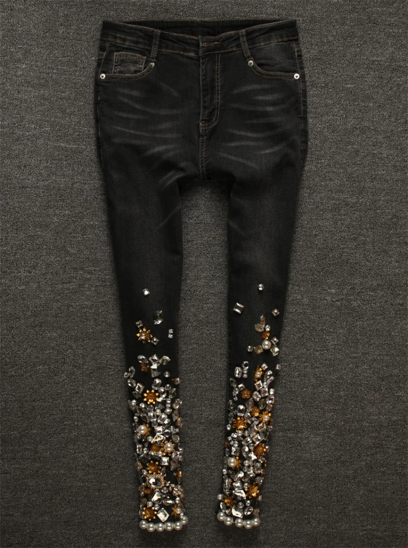 Осень Зима вышитые расклешенные джинсы женские уличные черные тонкие джинсовые узкие брюки модные Подиумные длинные брюки женские 26-31