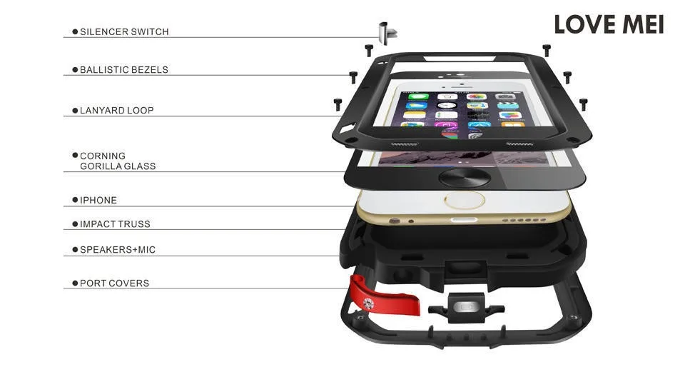 Любовь Мэй Водонепроницаемый противоударный Прочный закаленное Стекло металла Алюминий чехол для Apple iPhone 6 6s плюс 4," 5,5"
