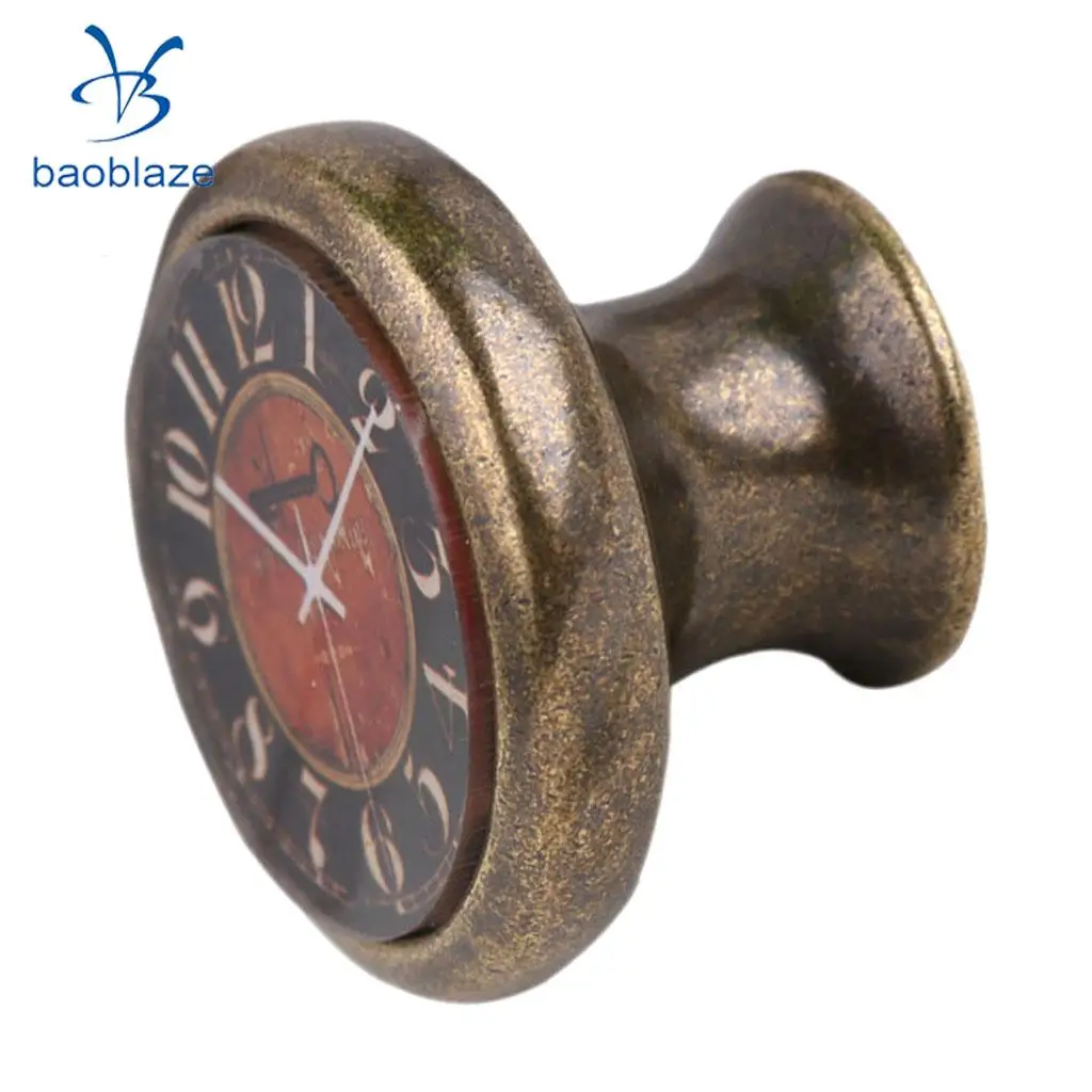 2 Pieces Vintage Brass Cabinet Drawer Round Pulls Wardrobe Cabinet Door Cupboard Knob Handle Clock Plate Pattern #1