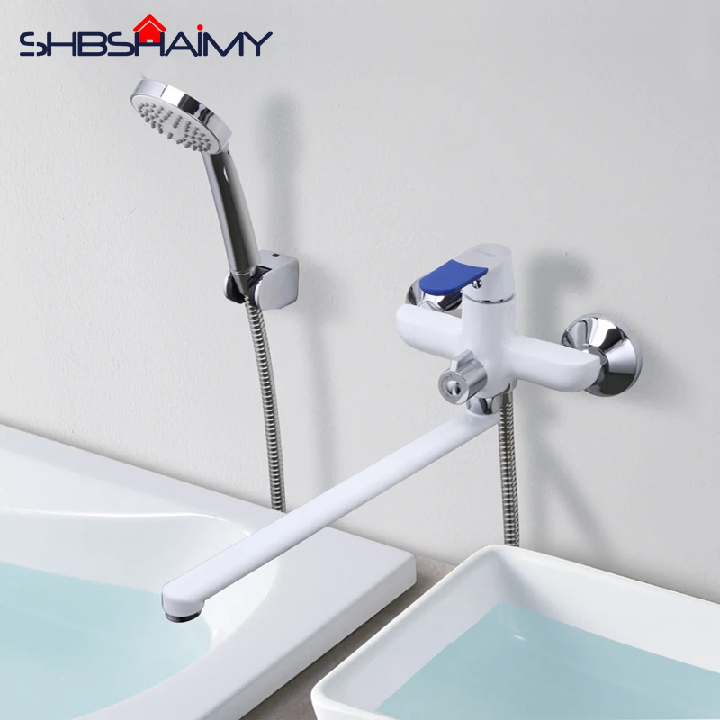 

Modern Style Bath Faucet Wall Mounted Cold and Hot Water Mixer Tap Multi Color Handle Cover Choices 35cm Long Nose