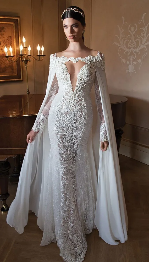 

vestido de noiva sereia 2016 New Vintage Lace Beaded Floor Length Mermaid Long Sleeve Berta Bridal Wedding Dress With Wrap