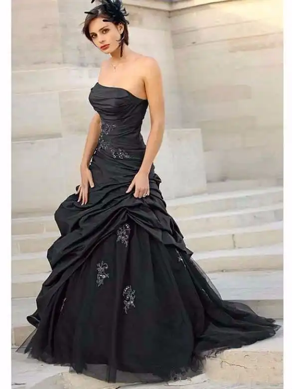 Black Gothic A Line Wedding Dresses Strapless Taffeta Ruched Non