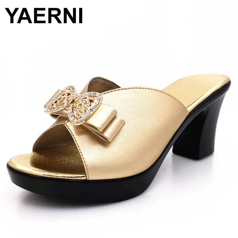 

YAERNI Woman slippers new summer thick high heel genuine leather slippers rough diamond bow tie comfortbale soft female slippers