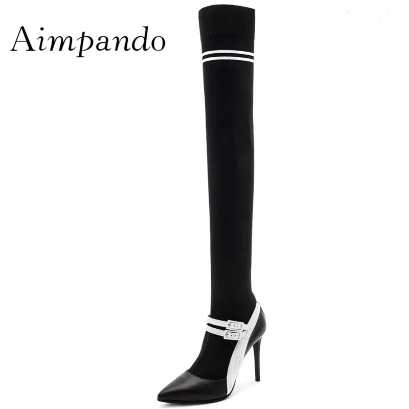 

2019 Sexy Knitting Over The Knee Boots Women Pointed Toe Mixed Color Stripe High Heel Shoes Woman Stretch Sock Thigh high boots